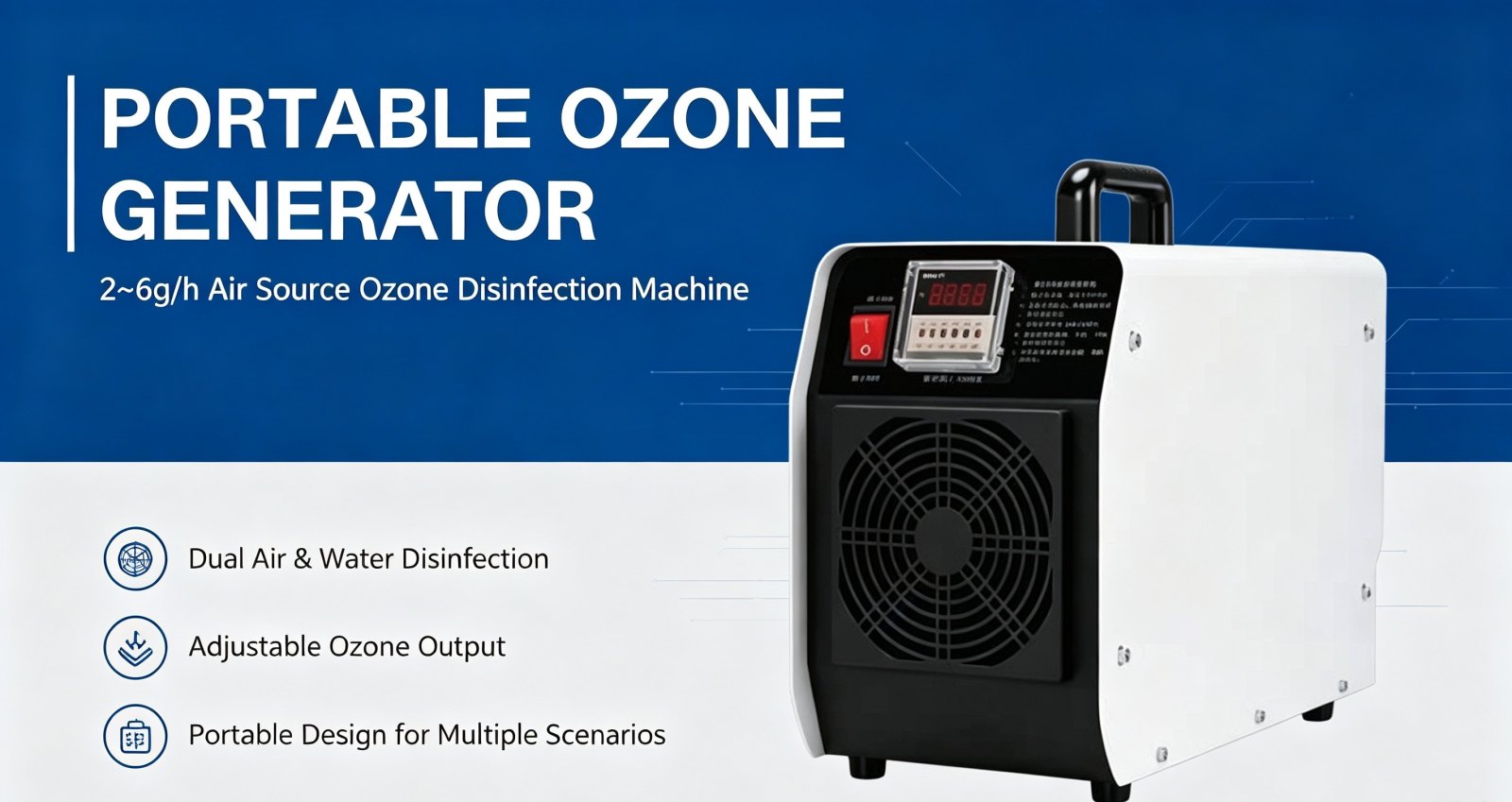 Portable Ozone Generator, 2-6g/h, Air Source Ozone Disinfection Machine